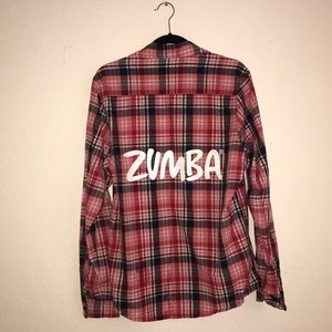 ZUMBA red/ black plaid button down shirt